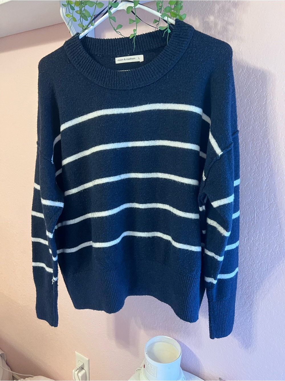moon & madison Navy and White Striped Crewneck Sweater